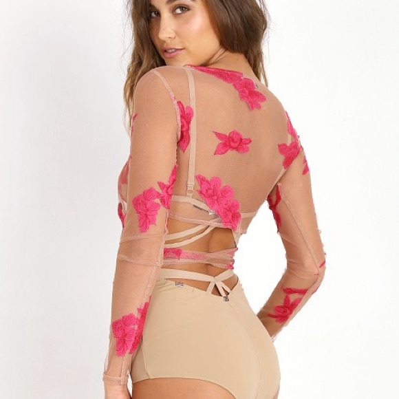 For Love & Lemons Tulle Embroidered Crop Top Beige / Pink Floral Size Small - Picture 3 of 7